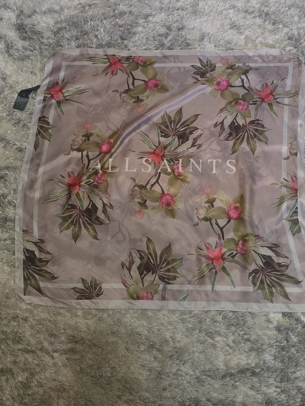 All Saints Floral Silk Scarf in Blush Pink with Pink Blooms
